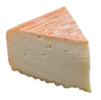 A wedge of cheese with a light orange rind.