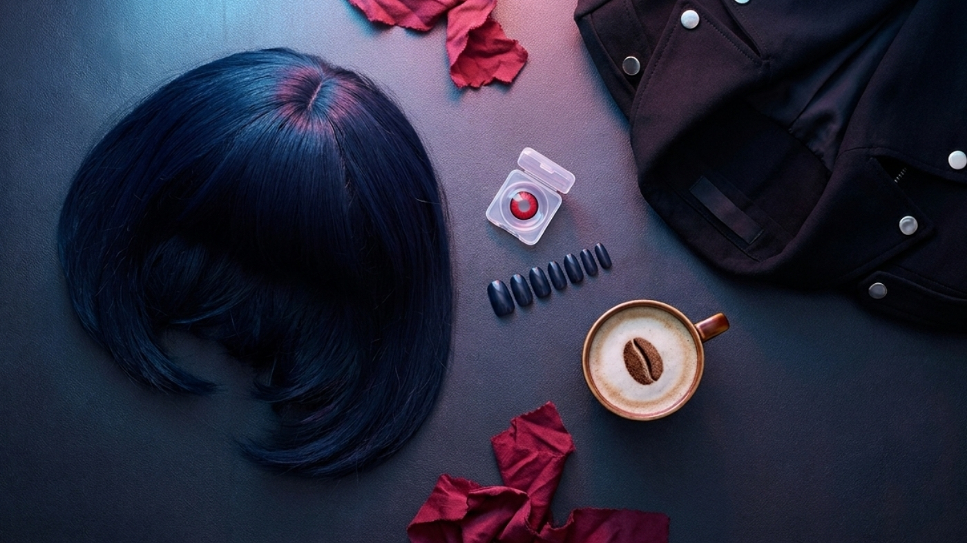 Complete Touka Kirishima cosplay kit flat lay with navy wig, red lens, press-on nails, and kagune fabric