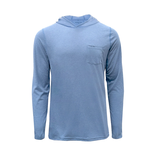 Light blue long-sleeve hoodie with a front pocket.