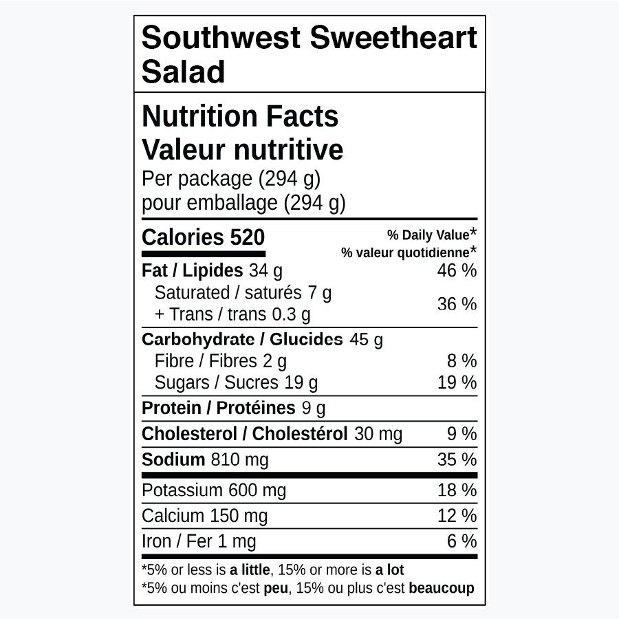 Nutrition facts label for Southwest Sweetheart Salad.
