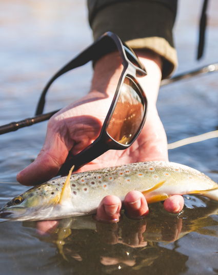 A person holding a fish while wearing sunglasses by the water.