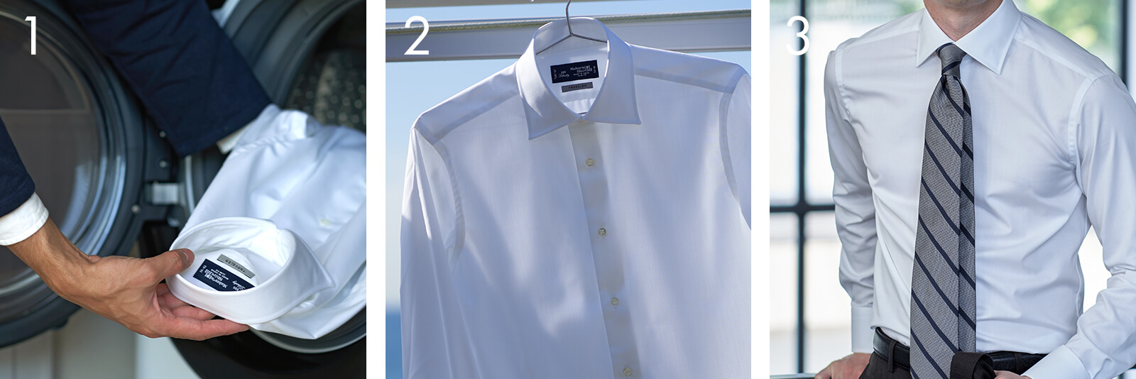 Washing, hanging, and wearing a white dress shirt with a tie.