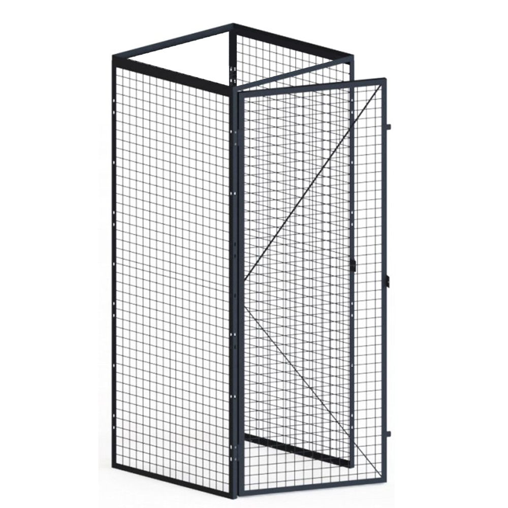 Wire mesh storage cage with an open door.