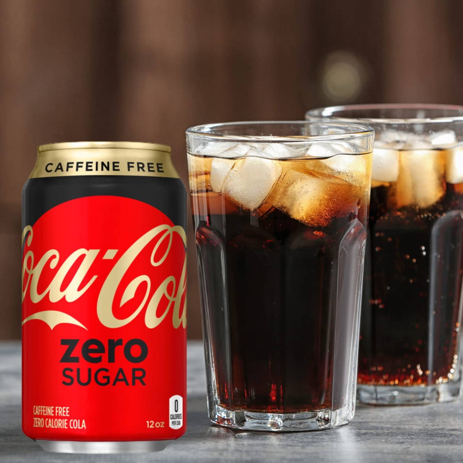 12oz Can Coca Cola Caffeine Free Zero Sugar with two glasses