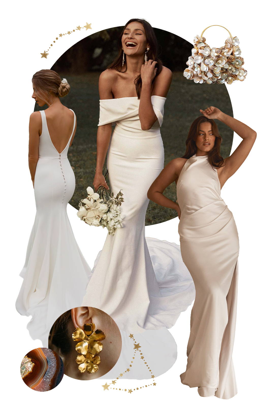 Earth inspired collage with crepe and silk wedding dresses