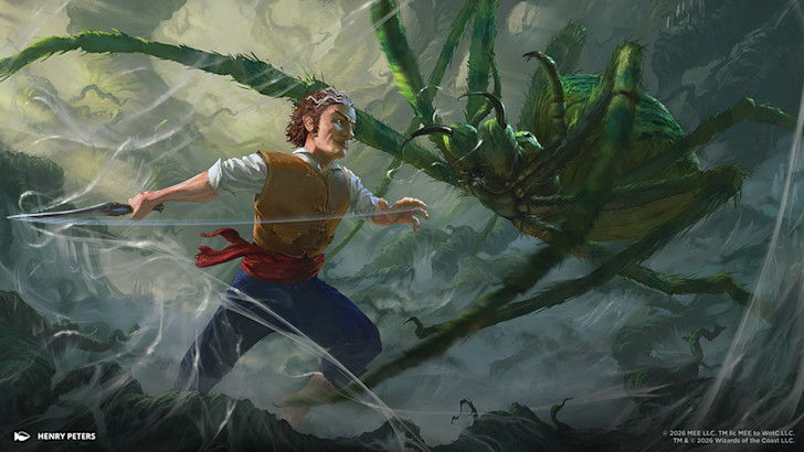 MTG The Hobbit Buyer's Guide - A person battles a giant creature in a web-covered environment.