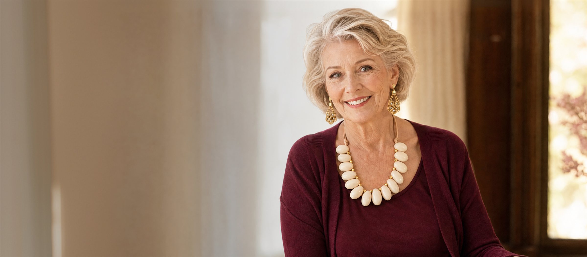Smiling woman in a burgundy cardigan wearing a chunky ivory tagua necklace and gold earrings