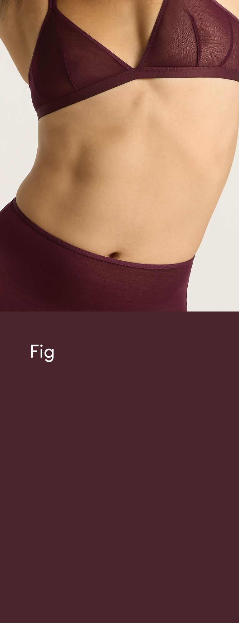 Model wearing fig-colored lingerie with focus on midriff.