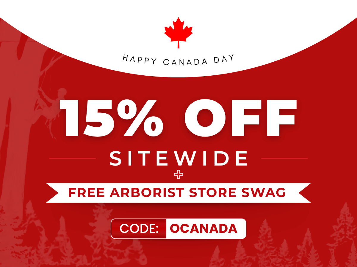 Happy Canada Day promotion with 15% off and free arborist store swag.