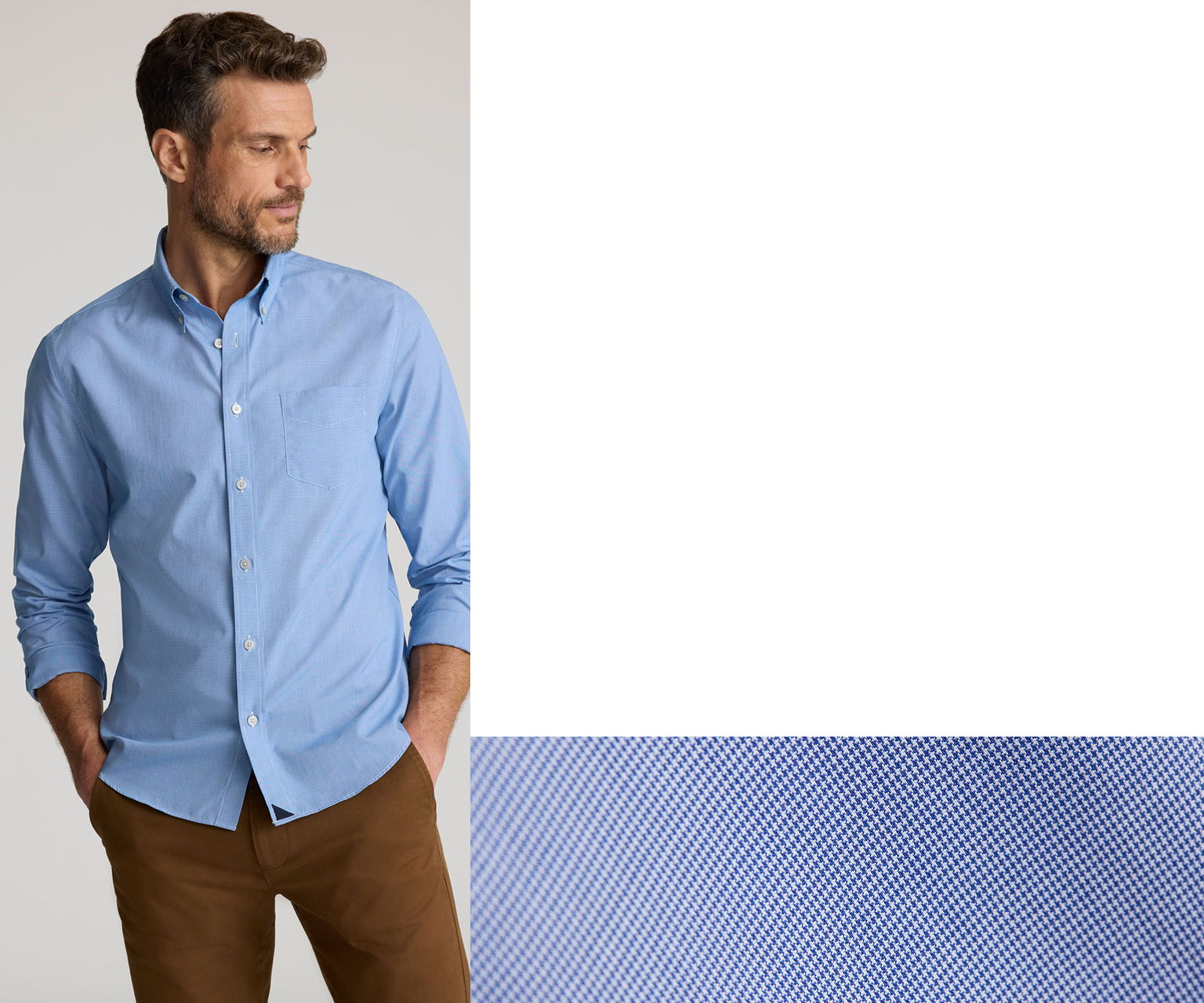 Man in a light blue shirt and brown pants, standing against a white background.