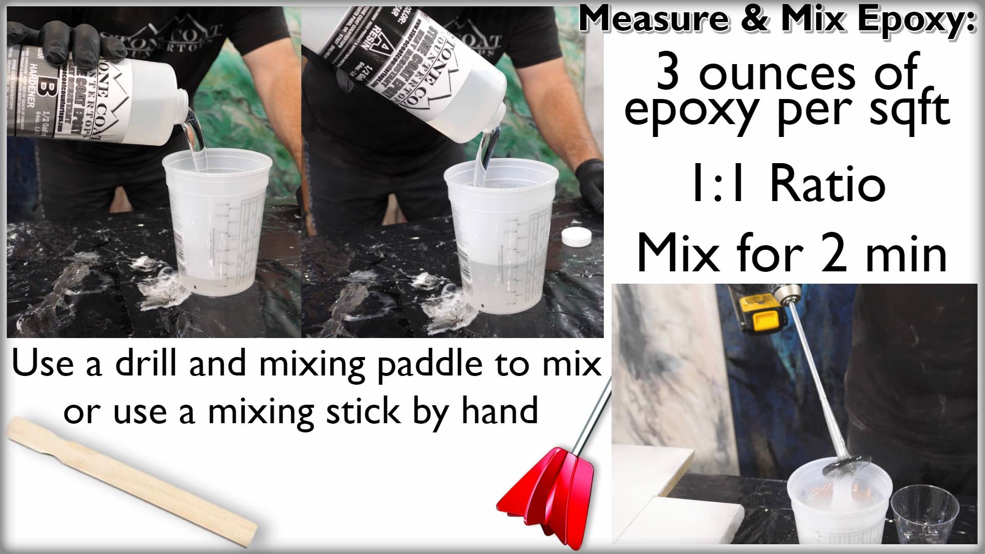 Measure and Mix Epoxy: 3 ounces of epoxy per sqft. Mix for 2 min using a drill and mixing paddle or a mixing stick by hand.