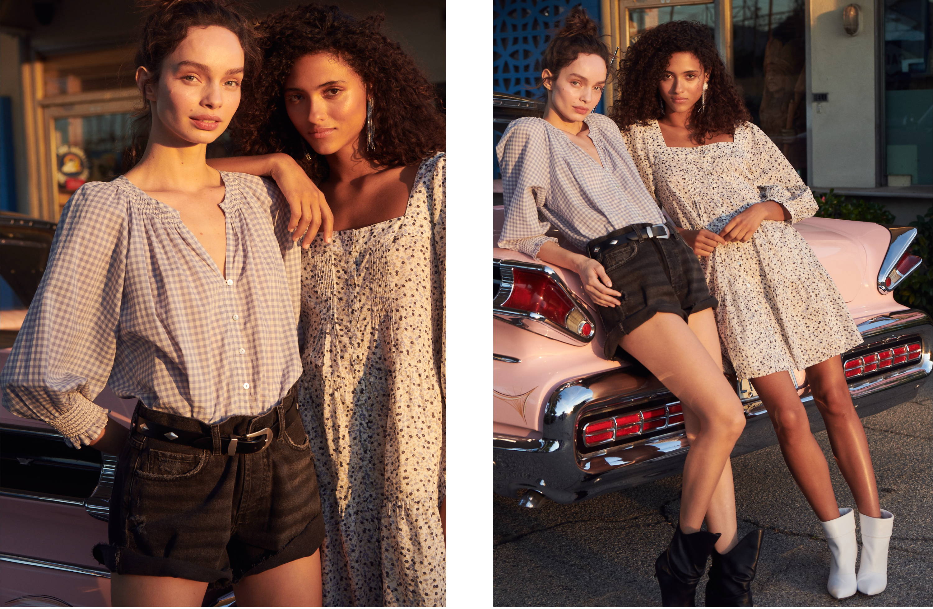 Models leaning on car wearing Mariah shirt in carolina gingham and Pippa dress in watercolor buds
