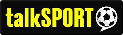 Logo of talkSPORT featuring bold yellow text and a soccer ball.