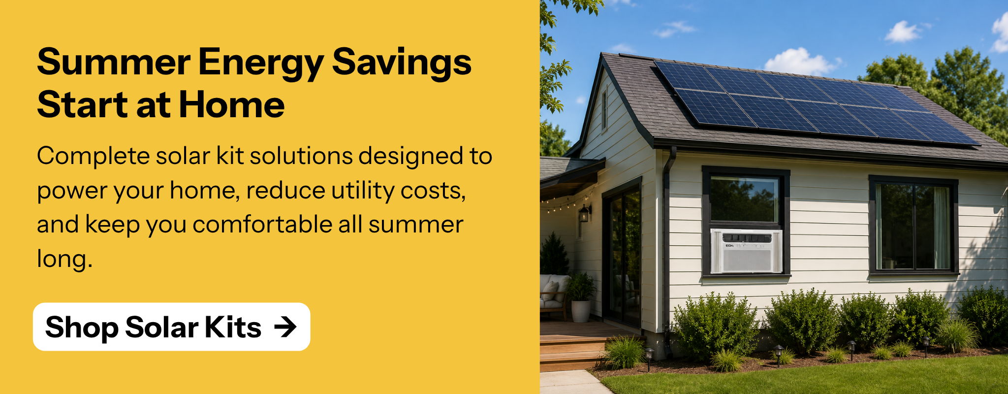 Home with solar panels promoting summer energy savings.