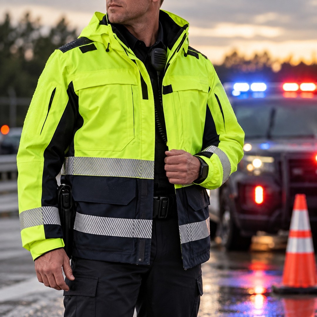A police officer in a reflective jacket stands near a patrol car.