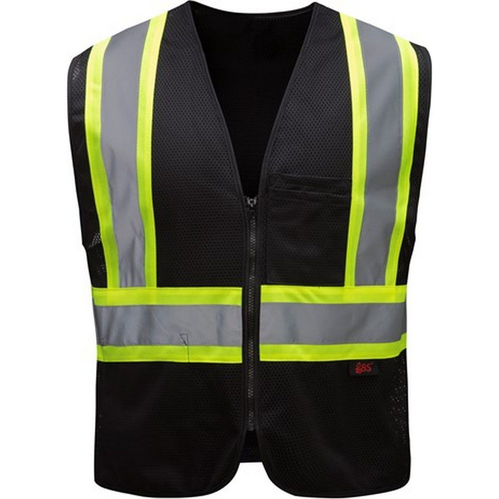 Black safety vest with reflective yellow stripes and zipper closure.