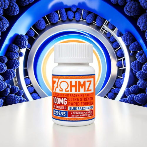 Bottle of dietary supplement with blue background and vibrant design.