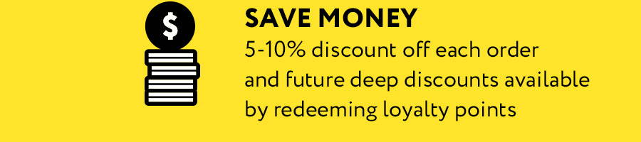 1. {icon of coins] SAVE MONEY, 5-10% discount off each order and future deep discounts available by redeeming loyalty points