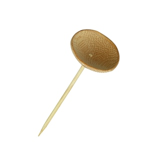 A bamboo skewer with a wide circular mini dish on the top in natural coloration