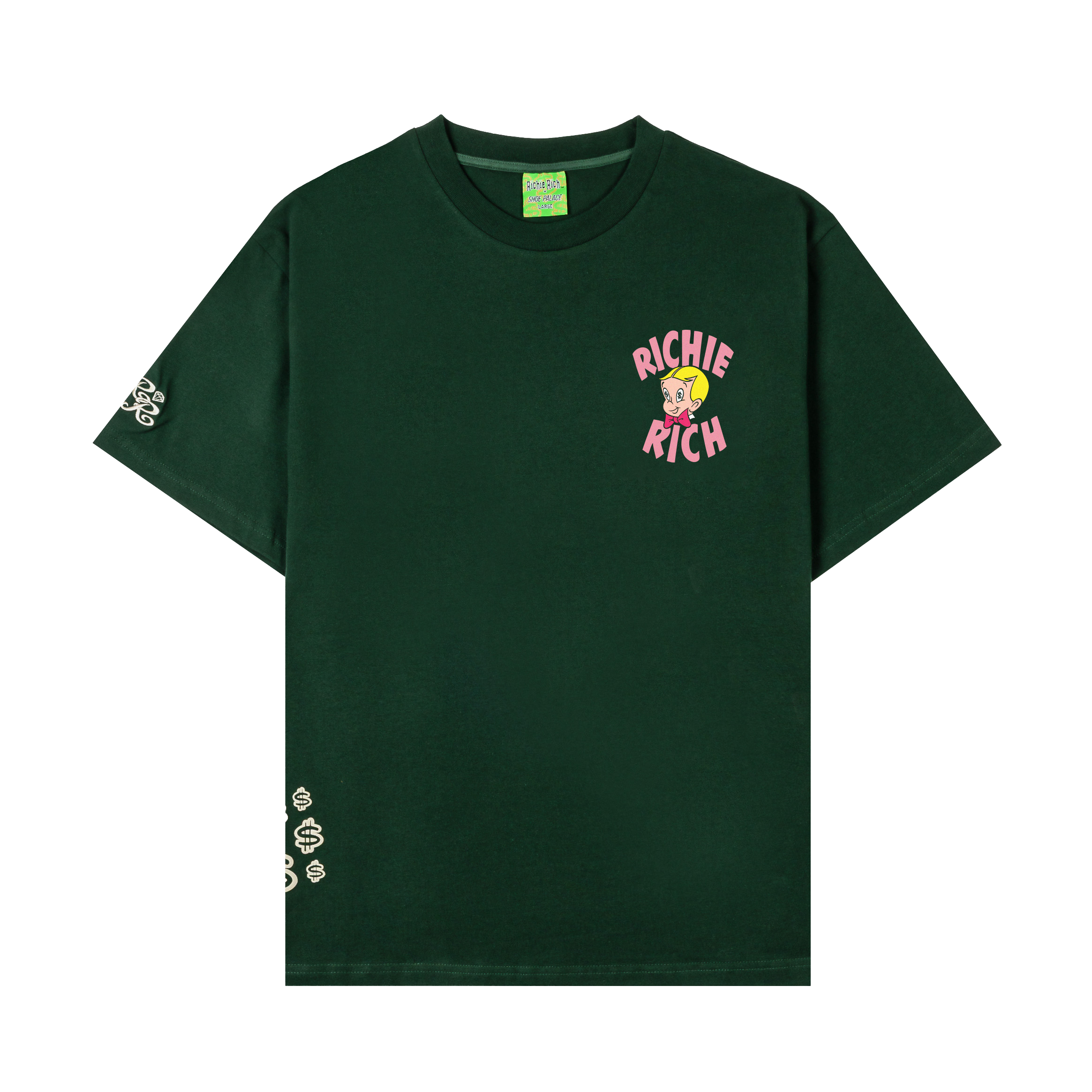Green t-shirt with colorful graphics on the front and sleeves.