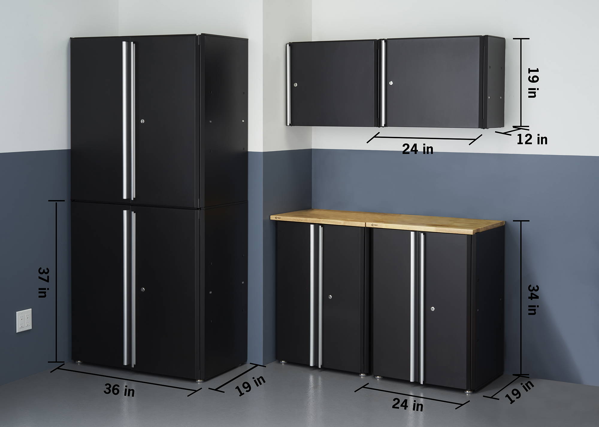overall dimensions of the cabinets when placed side-by-side: 74 inches tall by 84 inches wide by 19 inches deep