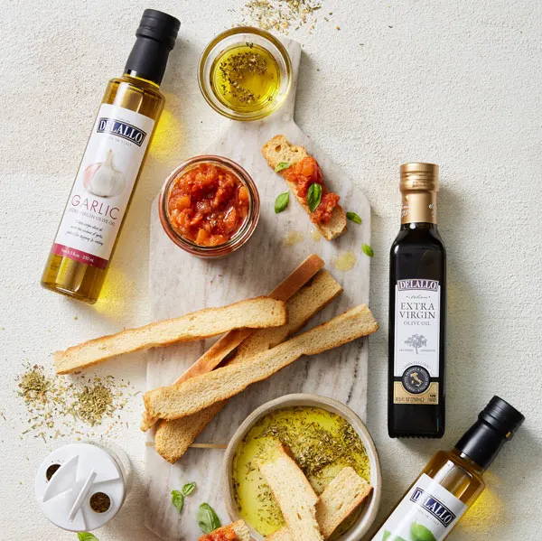 Link: image of assorted oils, toast, bruschetta