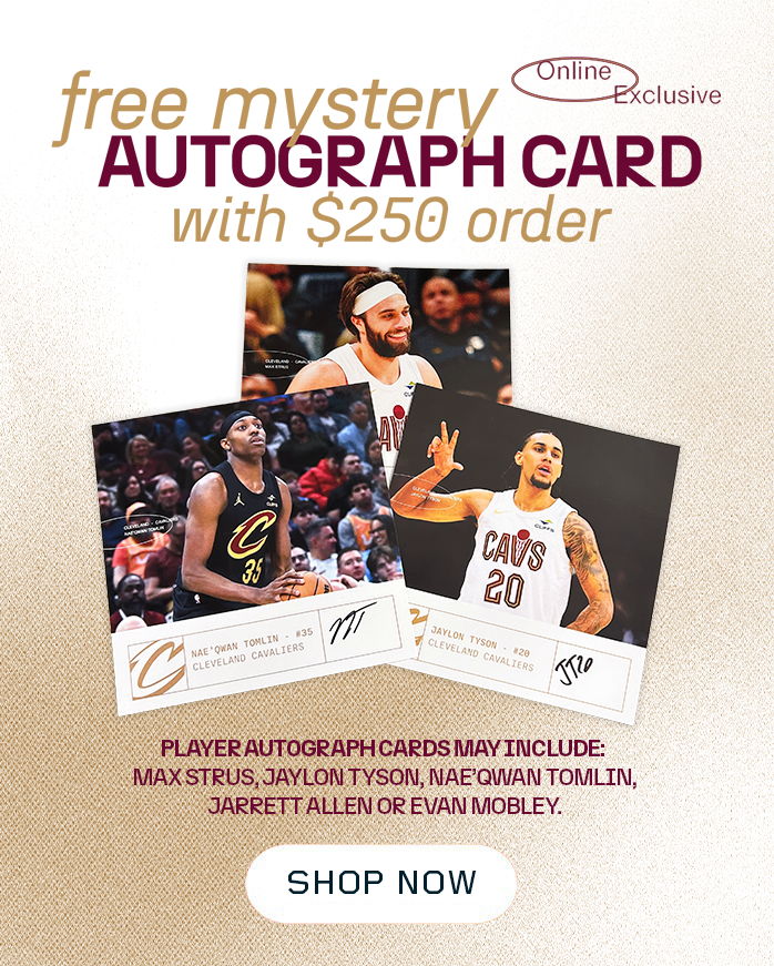 Free mystery autograph card with $250 order, featuring basketball players. Shop now.