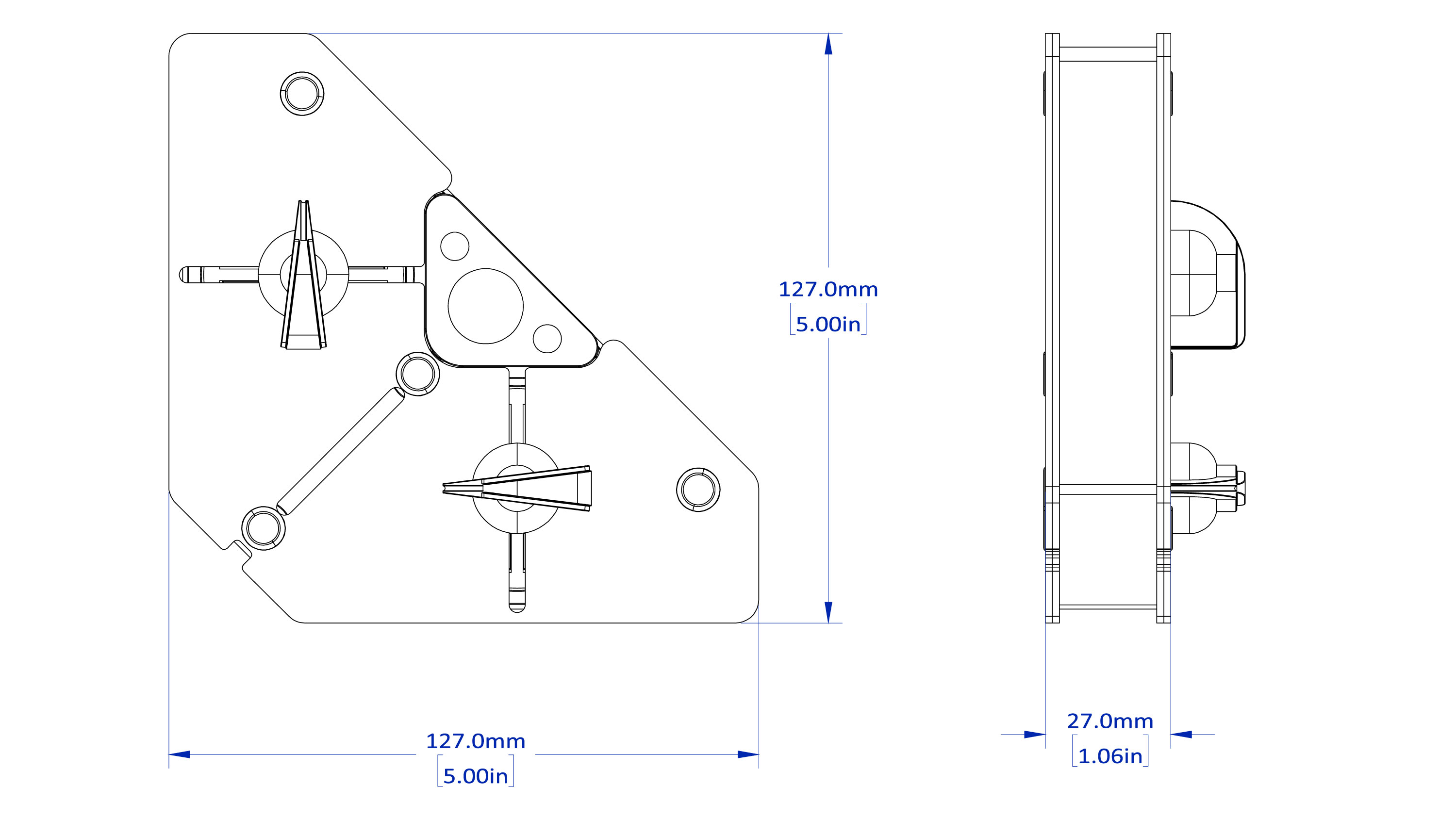 Technical drawing of a mechanical part with dimensions and views.