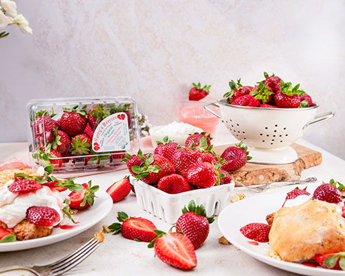 Assorted strawberries in bowls and containers on a light background.