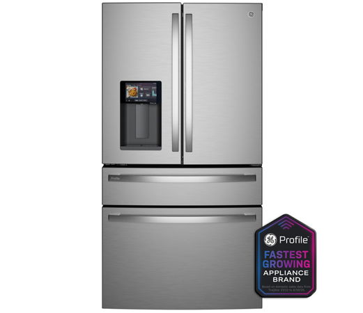 Stainless steel refrigerator with four doors and a water dispenser.