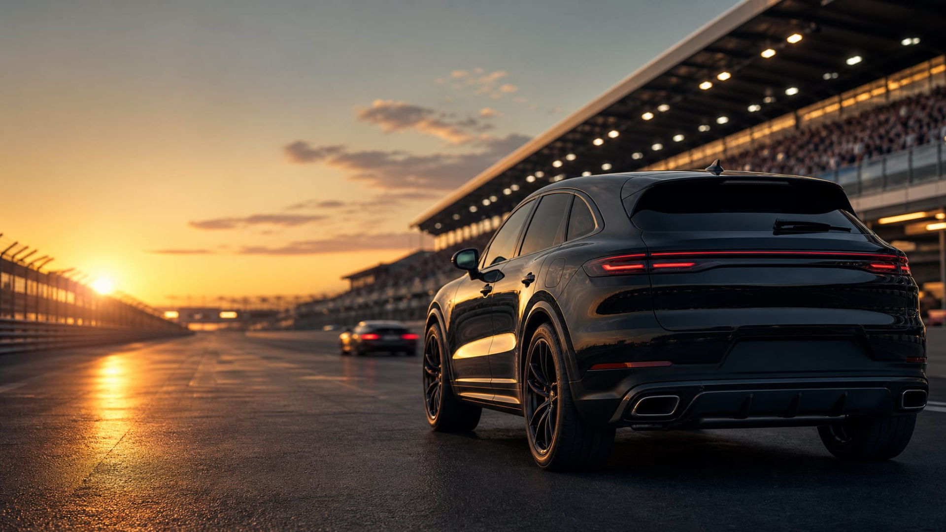 A sleek black car on a racetrack during sunset.