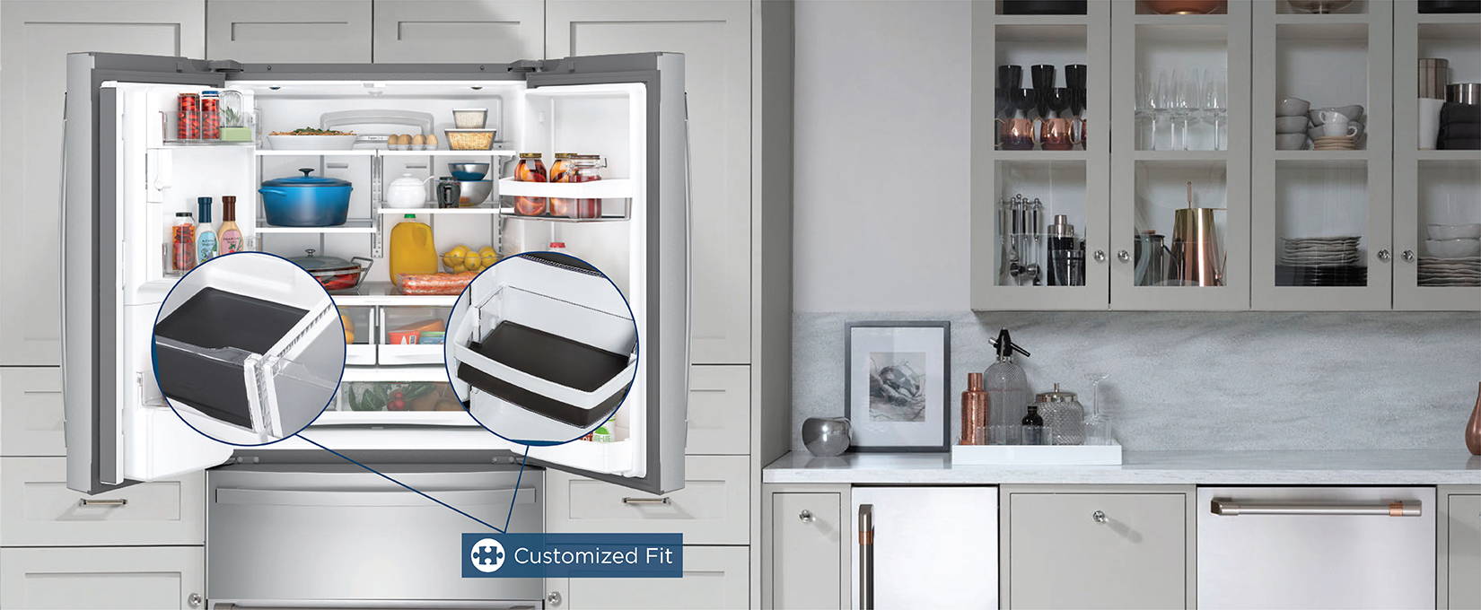 Refrigerator with doors open, featuring inset photos displaying Microban door and drawer liners. 