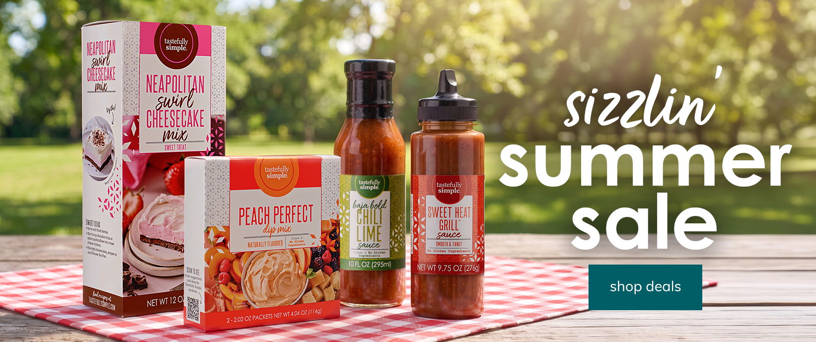Shop the Sizzlin' Summer Sale featuring Tastefully Simple dessert mixes and grilling sauces.