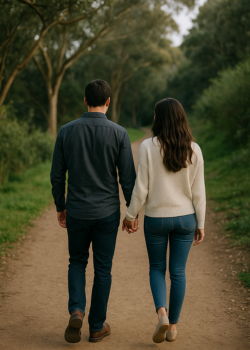 Couple holding hands while walking along a scenic nature trail during a romantic outing.
