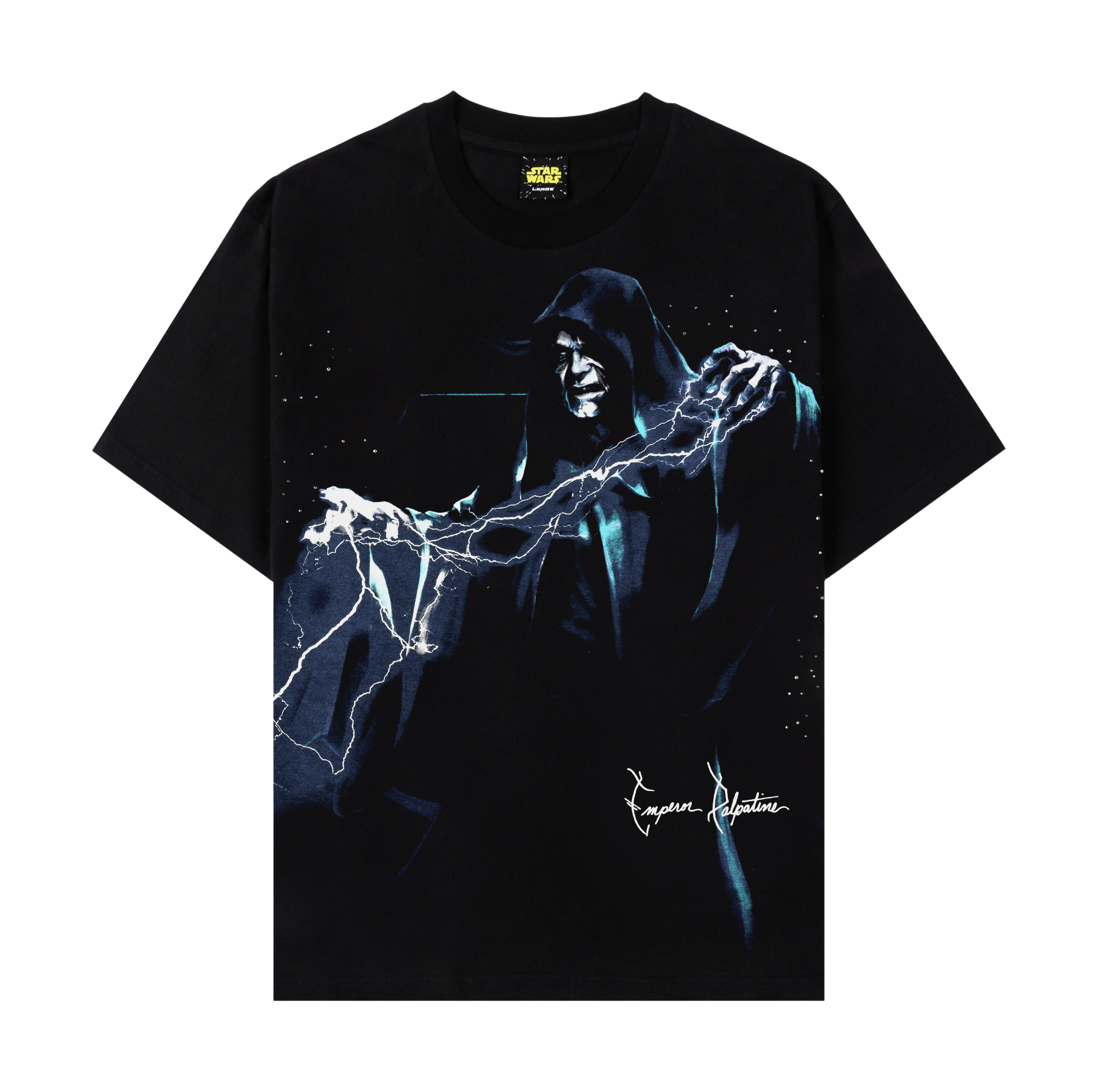Black t-shirt featuring a graphic of a hooded figure with lightning effects.