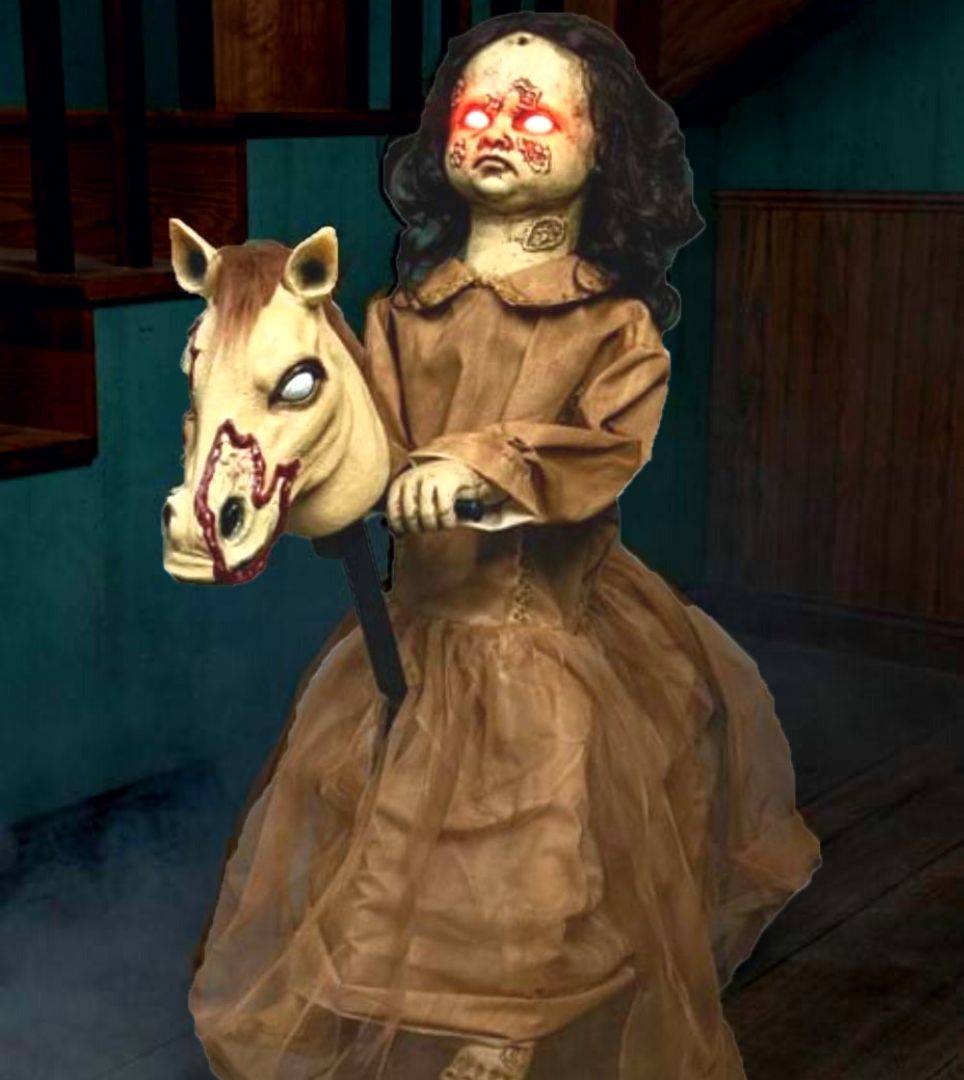 Scary possessed dolly riding a rocking horse. Shop all animatronics and light up Halloween props.