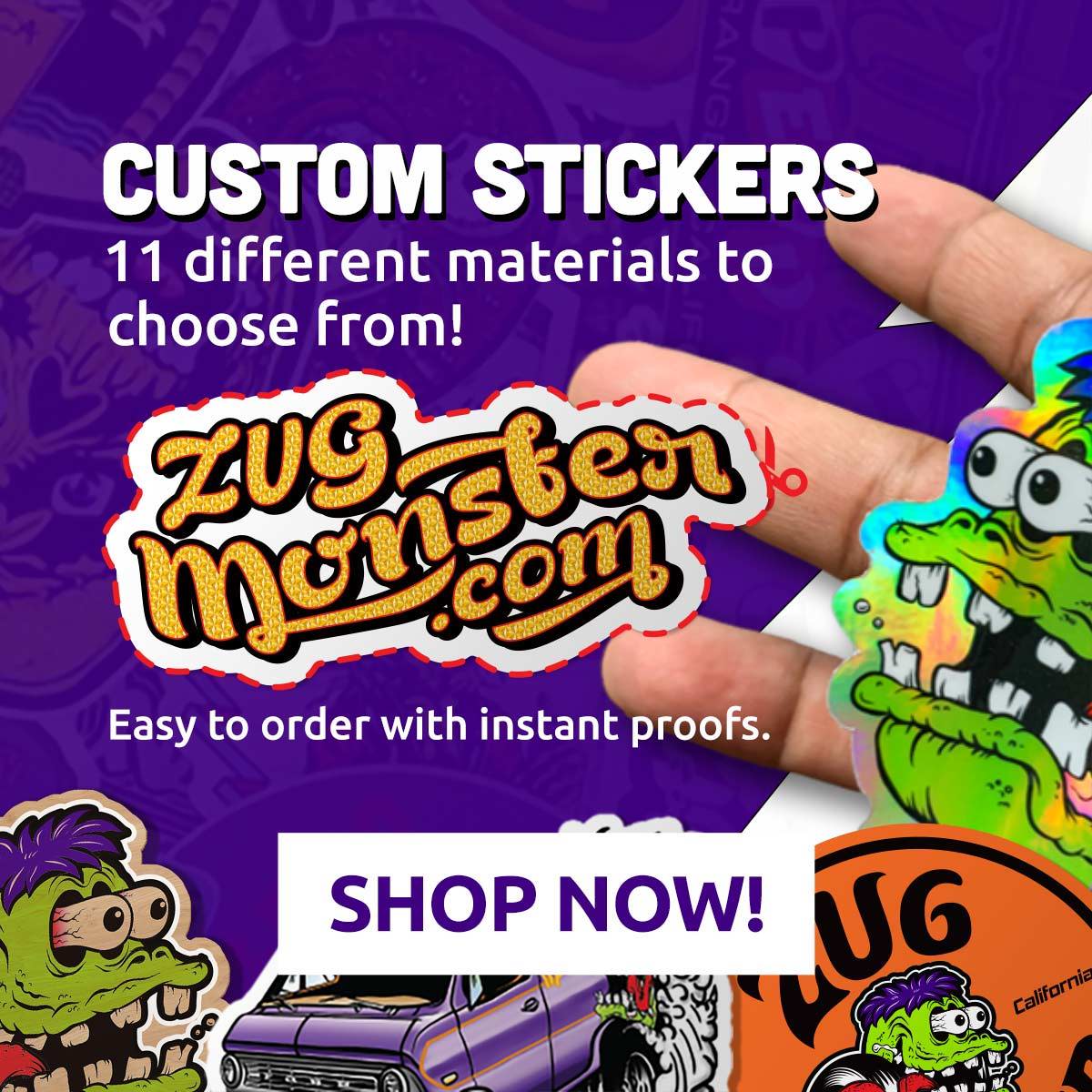 Custom diecut stickers. 11 Different materials to choose from! Easy to order with instant proofs. Shop custom stickers now.