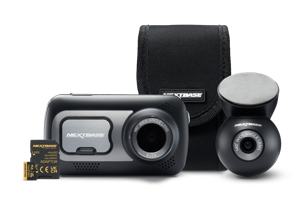 Dashboard camera with accessories and protective case.