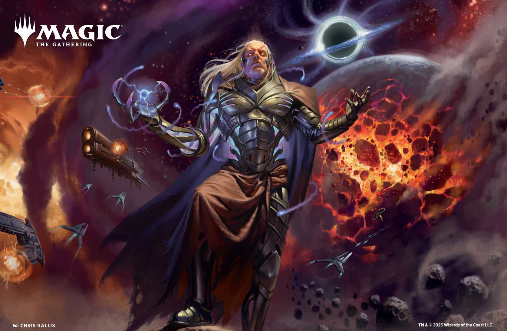 A powerful sorcerer in cosmic space, casting spells with swirling energy.