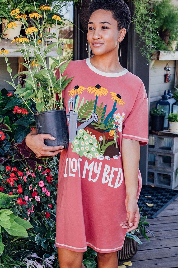 woman wearing bever themed short sleeve nightshirt