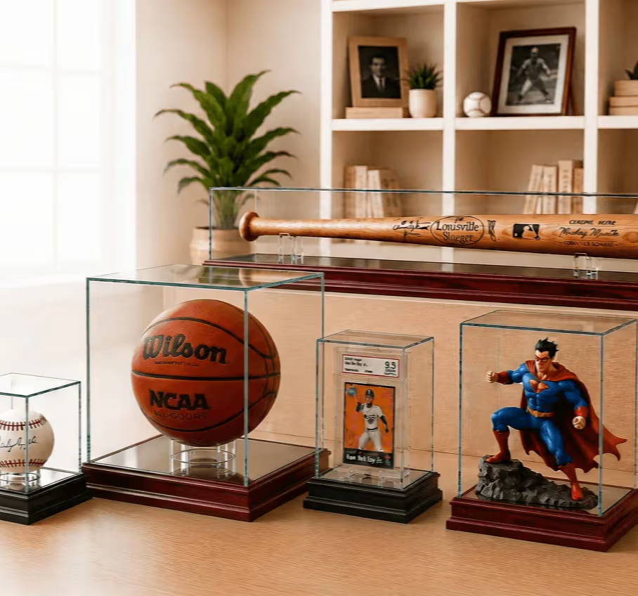 Display of sports memorabilia including a basketball and figurines.