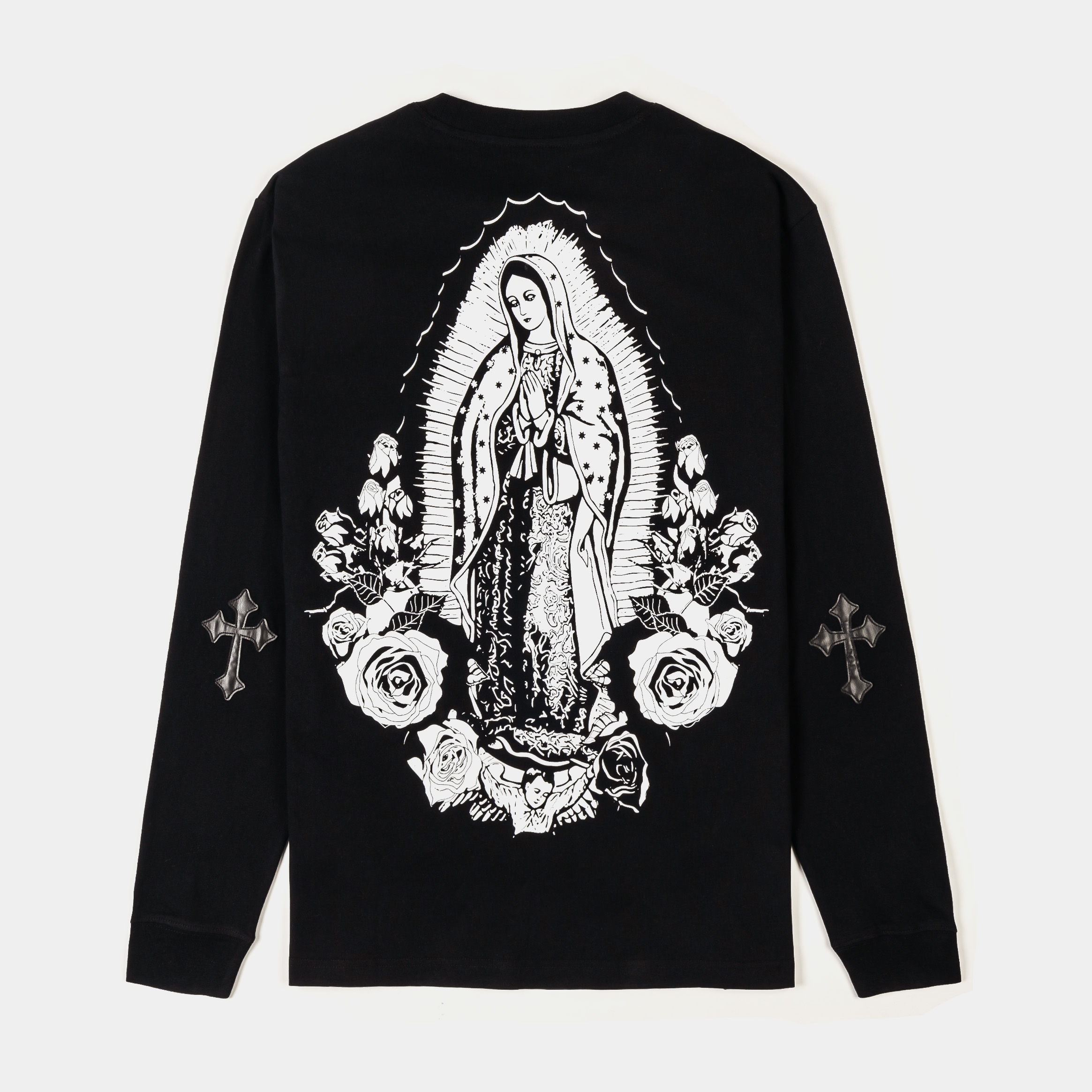 Black long-sleeve shirt with graphic text design on the front.