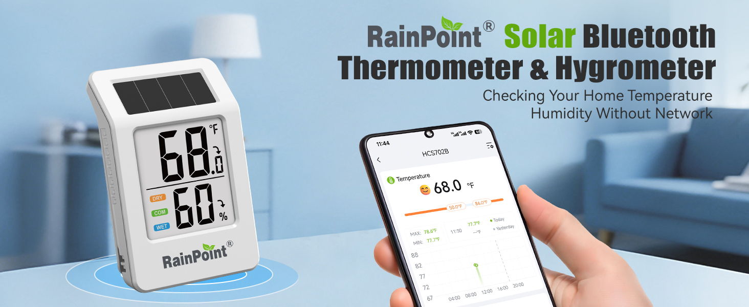 Solar Bluetooth thermometer and hygrometer with smartphone app display.