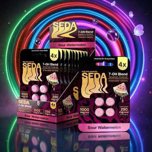 Colorful packaging of SEDA Sour Watermelon candy displayed against a vibrant background.