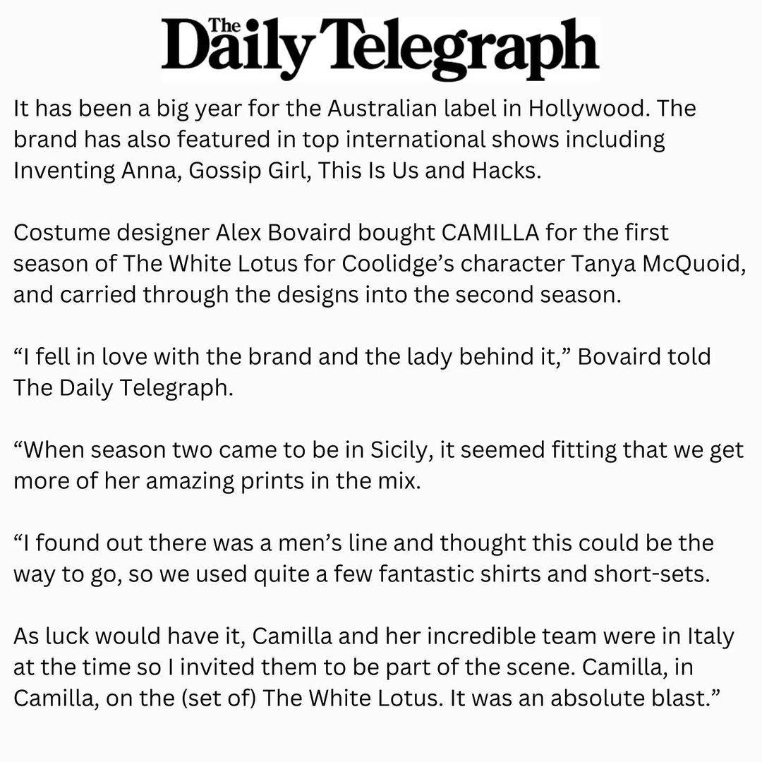 The Daily Telegraph covers Camilla Franks on the set of the White Lotus TV Show