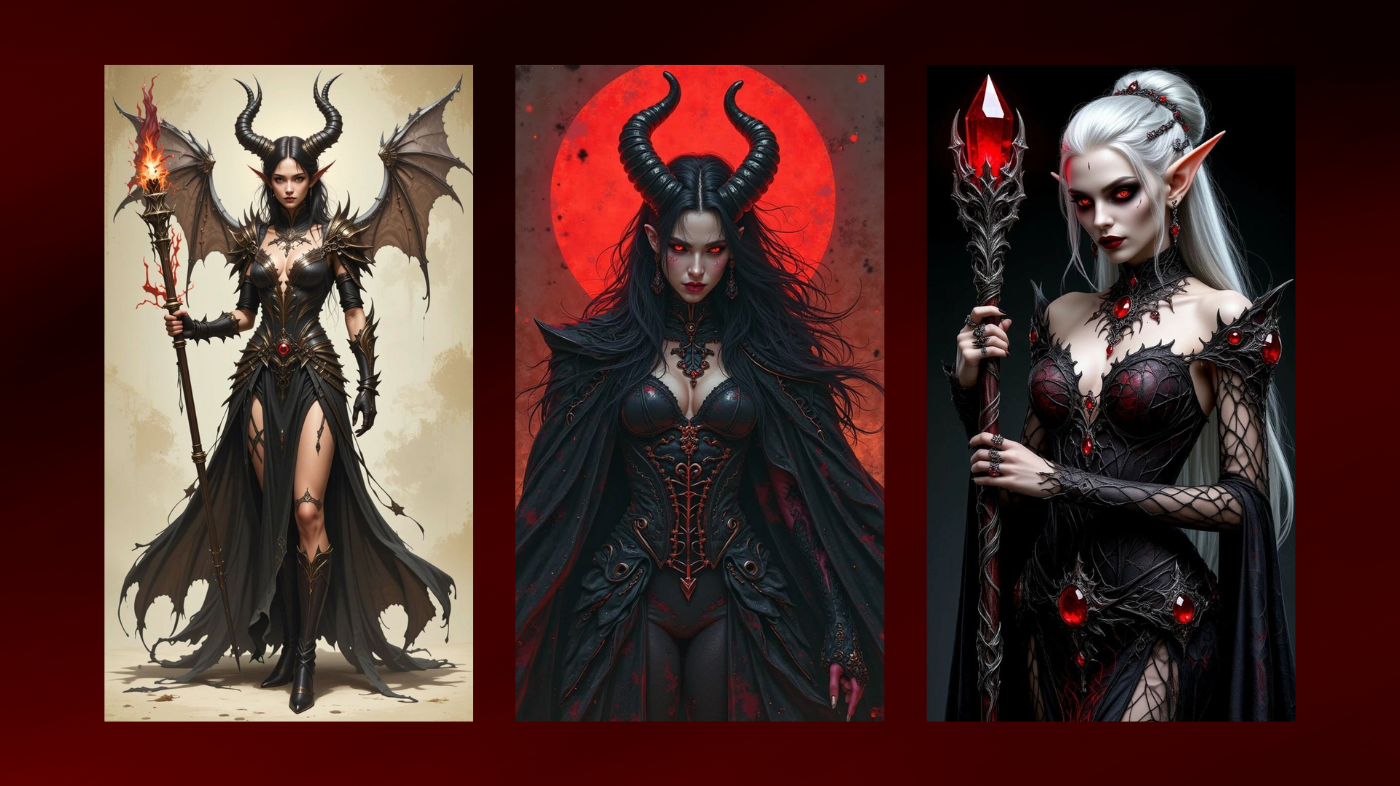 Demon cosplay posing and character movement showcasing intense expressions, dynamic stances, and dark fantasy persona