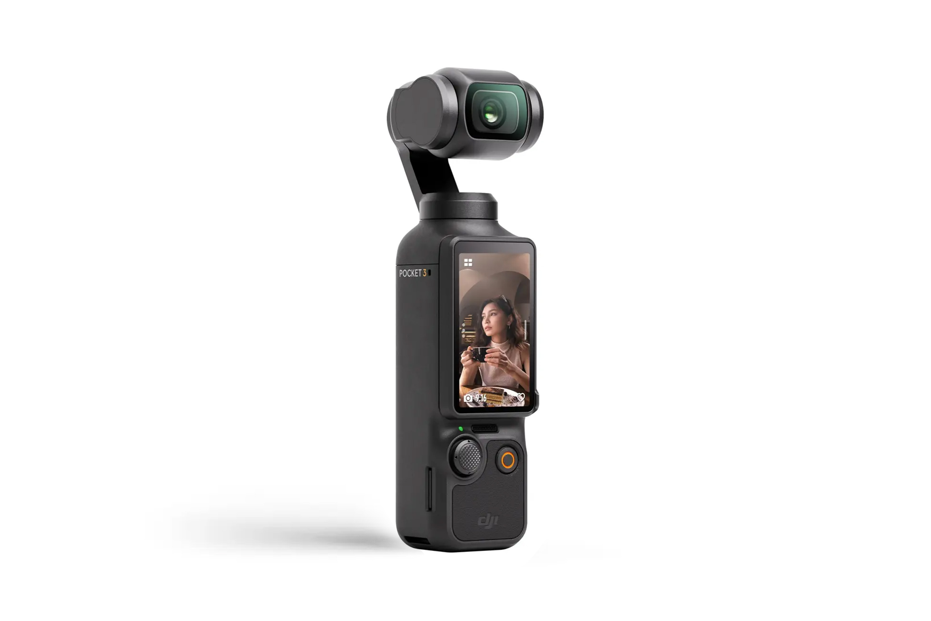 An Osmo Pocket 3 showing a portrait on its display.