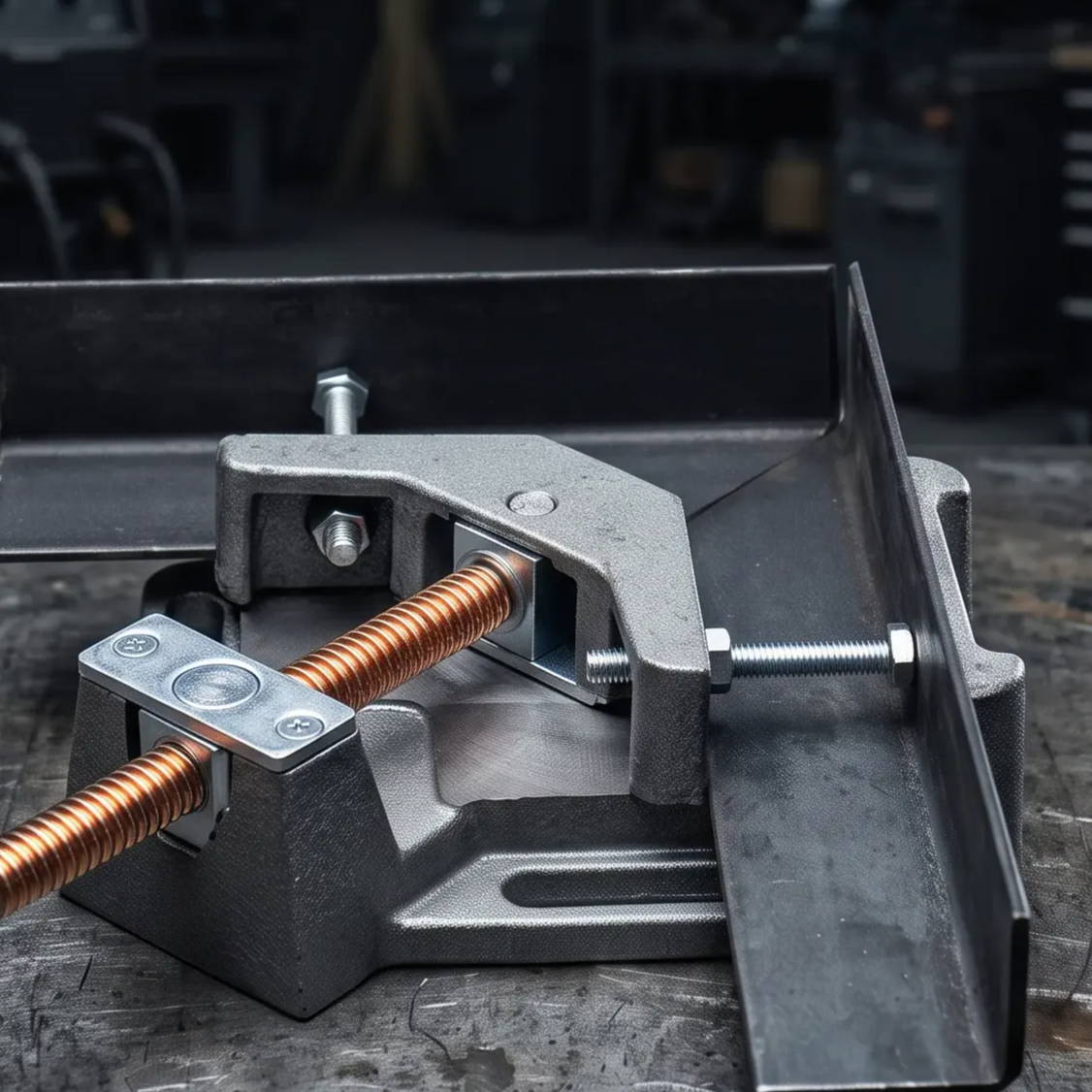 A metal tool with a copper rod on a workbench in a workshop.