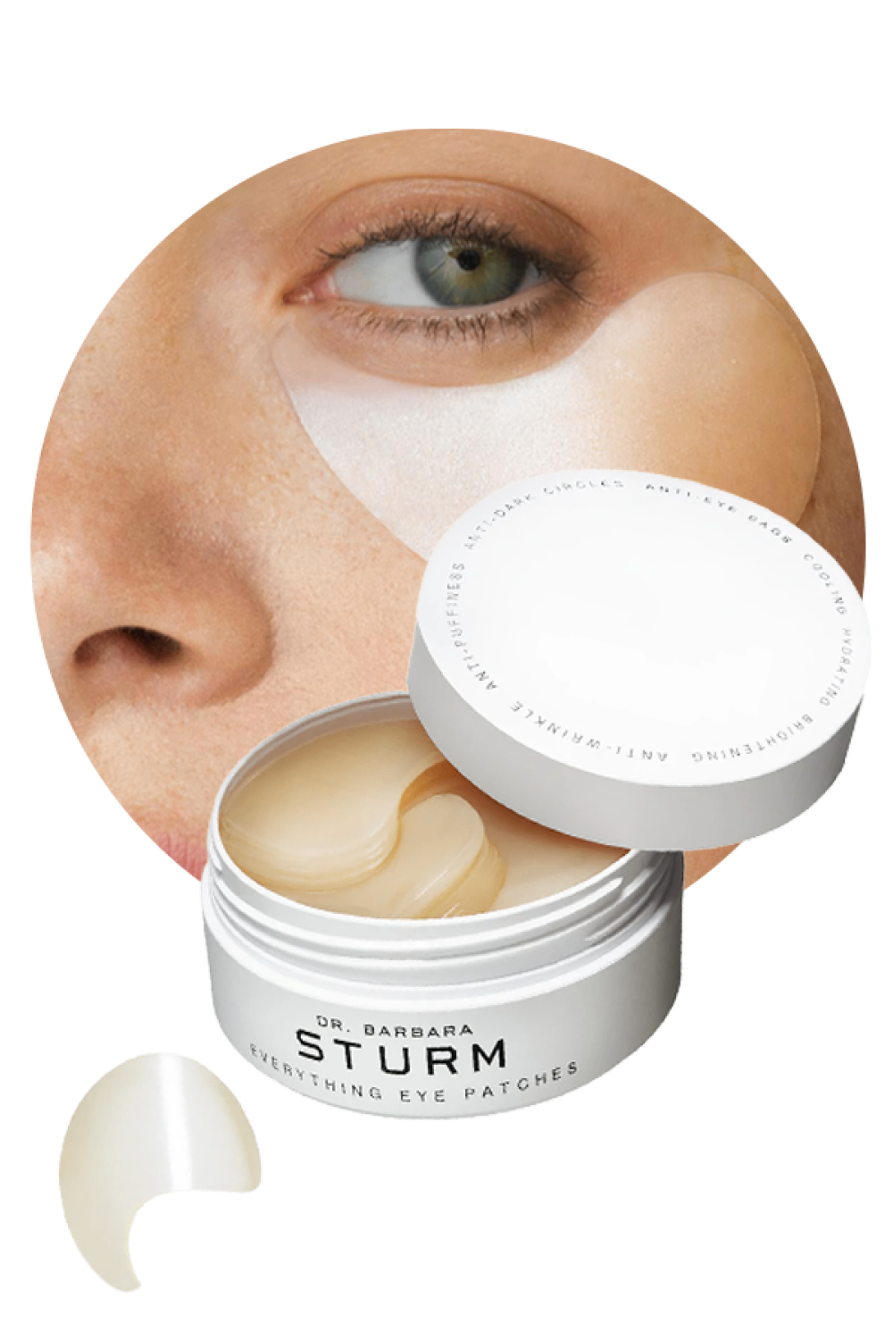 Eye patches and packaging with a close-up of an eye.