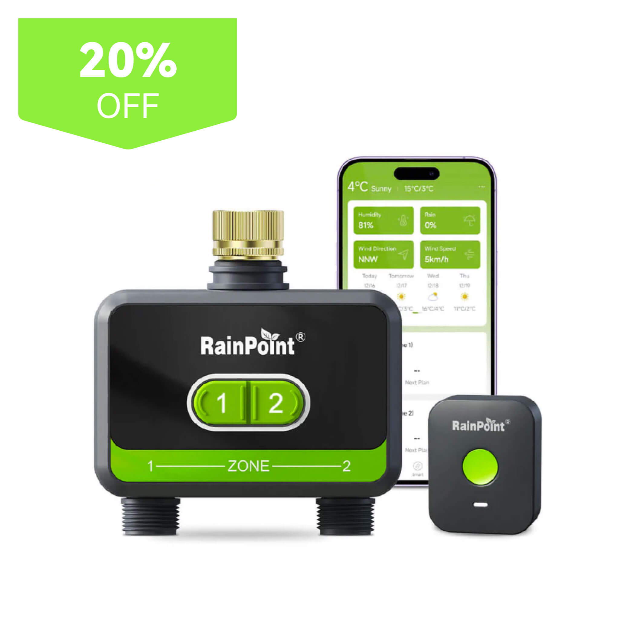 RainPoint irrigation system with smartphone app and 20% off promotion.